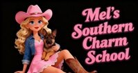 Mel's Southern Charm School logo - cowgirl mascot teaching AI and reselling